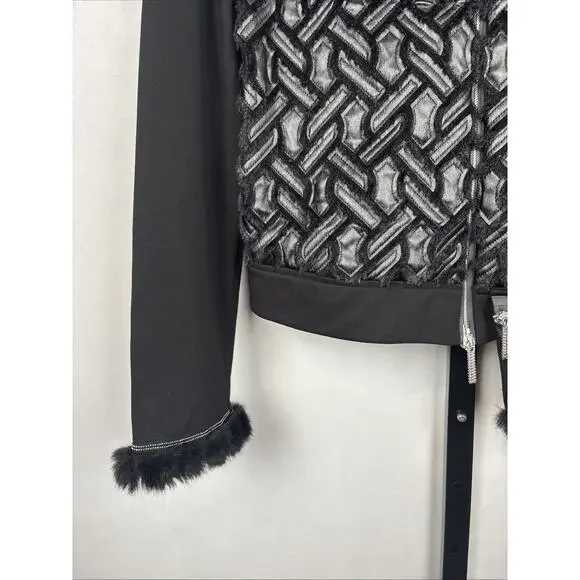 Save the Queen Italy Faux Leather Jacket Womens Medium Black Faux Fur Geometric - Picture 4 of 13